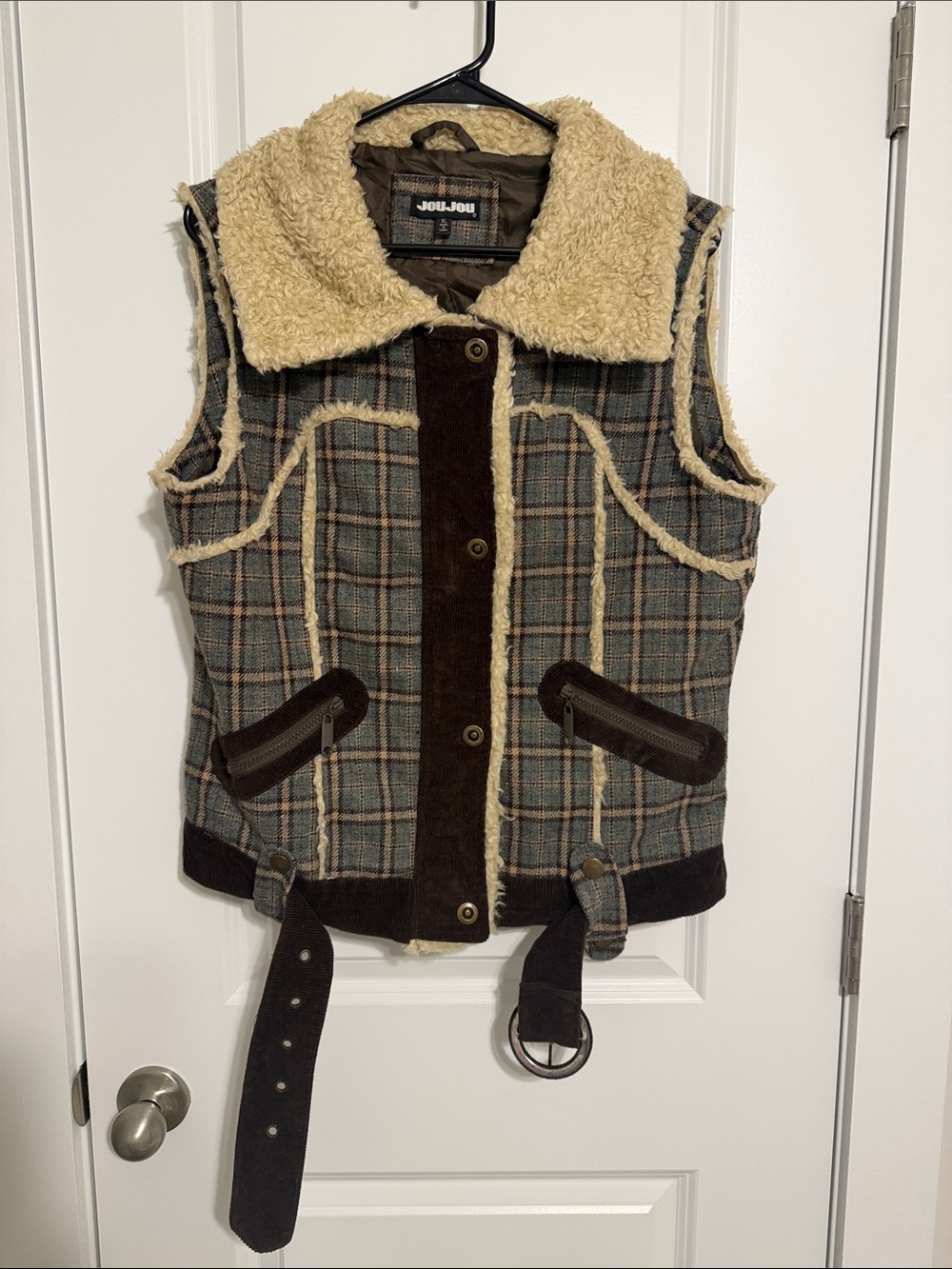 Jou Jou Plaid Vest with Cream Faux-Shearling and Brown Accents